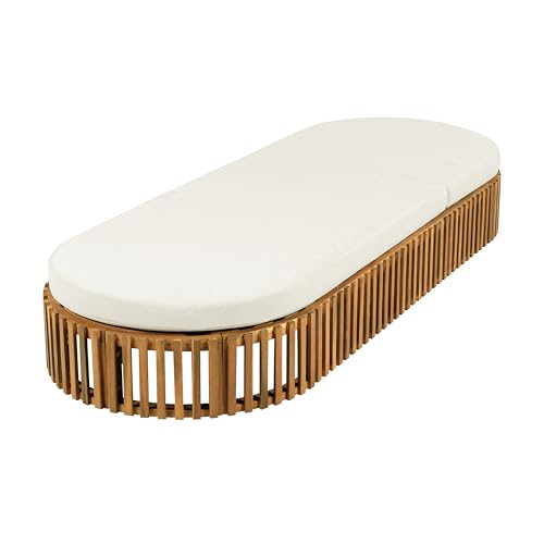 Merax Acacia Wood Chaise Lounge with Curved Cushion, Outdoor Sun Lounger for Patio, Poolside and Garden, Teak Finish Wood Recliner, 80.8" L, Supports 300 lbs, Cream