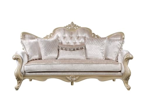 Acme Libertee Upholstered Sofa with 5 Pillows in Beige and Champagne Acme