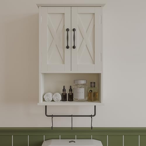 ChooChoo Farmhouse Medicine Cabinet, Bathroom Wall Cabinet with Adjustable Shelf, Towel Bar, 3 Hooks, Over The Toilet Storage Cabinet for Bathroom, Kitchen, White ChooChoo