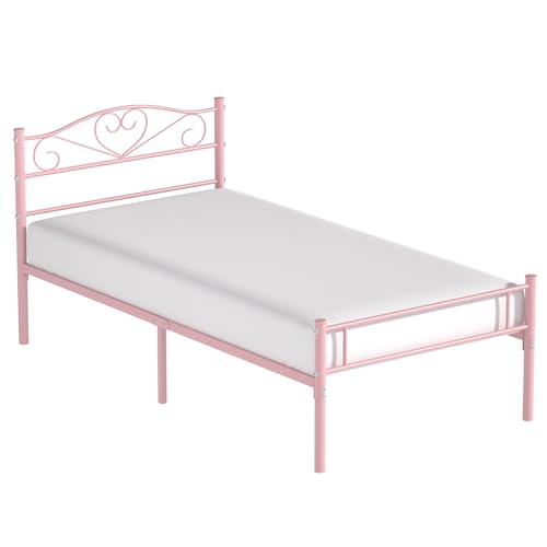 VECELO 14 Inch Twin Size Metal Platform Bed Frame with Headboard and Footboard, Heavy Duty Mattress Foundation with Steel Slats Support, No Box Spring Needed, Pink VECELO