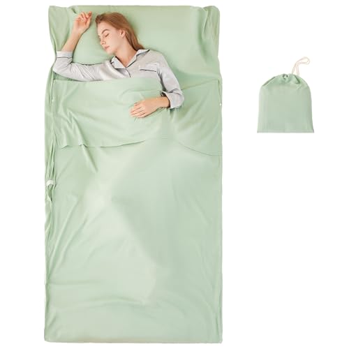 RHINSBENF Sleeping Bag Liner Camping Adult Sleep Sack Lightweight Travel Sheet for Hotel Bed Compact Ultralight Essential Cleaning Supplies Kit Travel Bedding Set for Backpacking (Green & Single) RHINSBENF