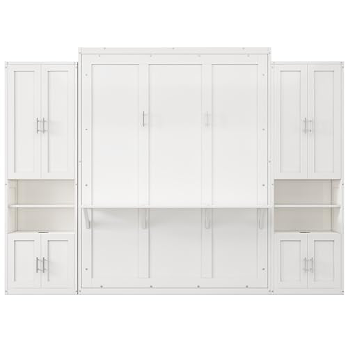 DNYN Queen Size Murphy Bed with Desk & Two Slide Storage Shelf for Small Space,Bedroom,Guest Room,Wooden Wall Bedframe w/Folding into Cabinet Design,Super Save Space & No Box Spring Needed, White DNYN