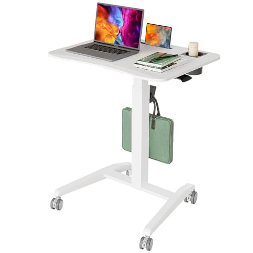 Gibbon Mounts Mobile Standing Desk, Height Adjustable Rolling Laptop Desk, 27 inches Portable Sit Stand Desk with Wheels and Hook, Pneumatic Computer Table, White Gibbon Mounts