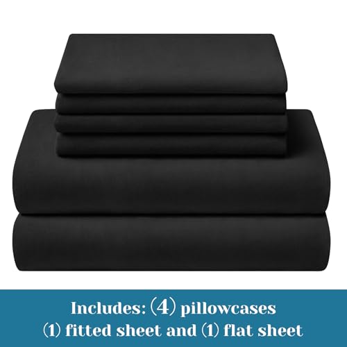 BYSURE Jersey Knit King Size Sheets Set 6 Pieces, Stretch Super Soft and Wrinkle-Free Bed Sheets, Spandex Blend with 18-inch Deep Pocket, Black BYSURE