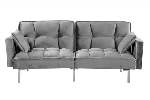 Container Furniture Direct Regal 75.6" Velvet Convertible Sofa Bed - Mid-Century Sleeper Couch w/Tufted Design & Metal Legs - Pull-Out Futon for Guests/Home (75.6" W x 34.6" D x 32" H), Grey Container Furniture Direct