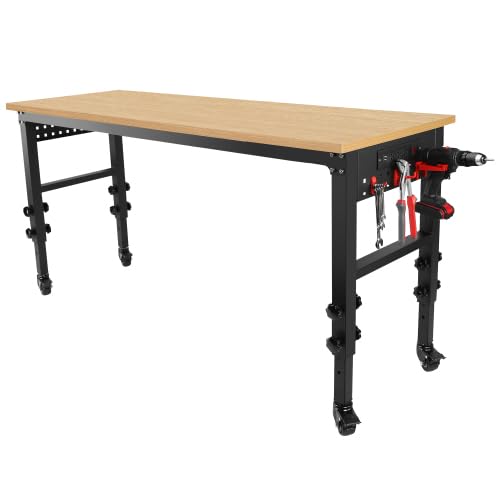 72" × 24'' Height Adjustable Workbench - Rolling Heavy-Duty Worktable with Power Outlet and Wheels, Large Load Capacity Rubber Wood Top Workbench for Garage Office Workshop Home (72" × 24'') Arbacipher