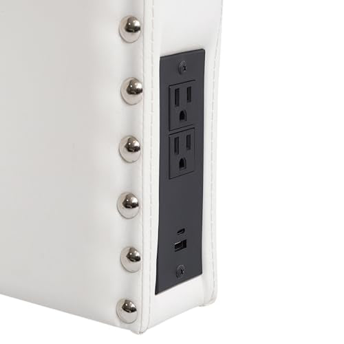Flash Furniture Adeline Twin Headboard with 2 Outlets, USB Port, USB Type-C Port, Contoured Headboard, Studded LeatherSoft Upholstery, Dual Hanging Options, White Flash Furniture
