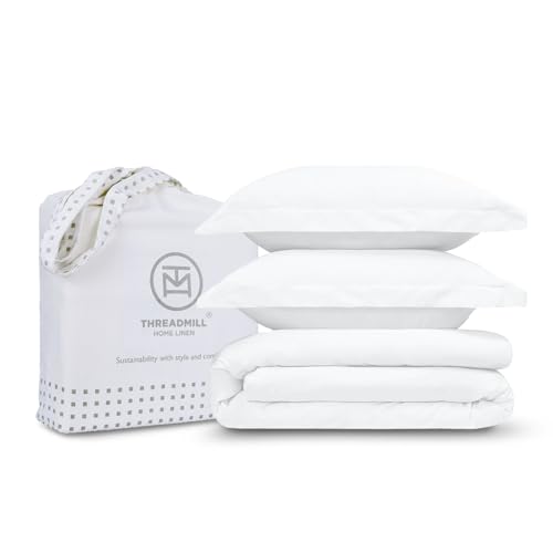 Threadmill White Duvet Cover Queen Size Bedding Set, Breathable Comforter Cover, Soft 3-Pc Cotton Queen Duvet Cover Set with 2 Pillow Shams, Strong Button Closure & Corner Ties, Fits Full Duvet Threadmill
