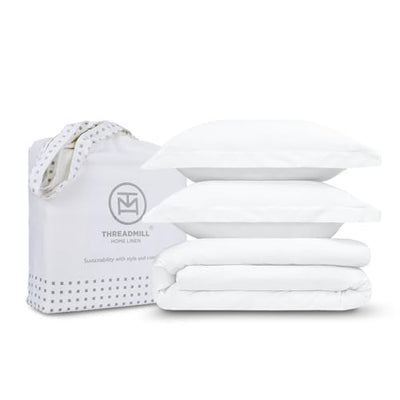 Threadmill White Duvet Cover Queen Size Bedding Set, Breathable Comforter Cover, Soft 3-Pc Cotton Queen Duvet Cover Set with 2 Pillow Shams, Strong Button Closure & Corner Ties, Fits Full Duvet