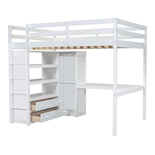 Loft Bed Full Size with Built-in Wardrobe, Desk, Storage Shelves and Drawers, Solid Wood Loft Bed Frame for Kids Teens Adults (White) BEDGJH