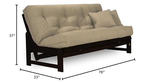 Nirvana Futons Arden Dark Espresso (Near Black) Futon Set Full or Queen Size - Armless Wood Futon Frame with Mattress Included (Twill Khaki), Space Saving Sofa Bed Sleeper Nirvana Futons