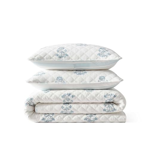Martha Stewart - King Quilt Set, 100% Cotton Reversible Bedding Set, Incredibly Soft Feel for Year Round Comfort, 3 Piece Bed Set with Matching Pillowcases (Flower Block Print Blue) Martha Stewart