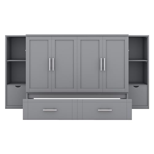 Ball & Cast Full Size Murphy Bed,Cabinet Hideaway Bed with Shelves and Drawers,Wood Wall Bed can be Folded w/USB Ports,Easy Assembly,Platform Bedframe for Kids Bedroom,Student Dorms,Gray Ball & Cast