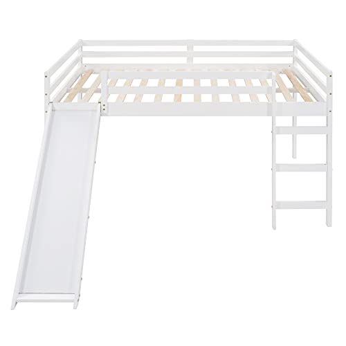 Full Size Loft Bed with Slide, Low Loft Bed with Ladder & Safety Rail, Wooden Full Loft Bed Frame for Kids Teens Girls & Boys, No Box Spring Needed, Easy Assemble (Full, White) Harper & Bright Designs