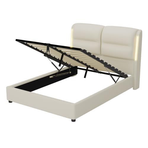 anwickjeff Murphy Bed Queen with Hydraulic Storage System, LED Light and USB Ports, Lift Up Storage Bed Frame Queen Size with Soft Headboard,Modern Queen Upholstered Bed, No Box Spring Needed (Beige) anwickjeff