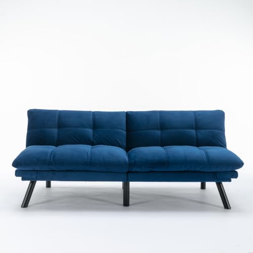 LLS 70.87" Velvet Futon Sofa Bed, Modern Convertible Sleeper Sofa Couch with Adjustable Backrest and Armrests, Tufted Loveseat Sofa with Metal Legs for Living Room, Bedroom, Apartment, Navy Blue LLS