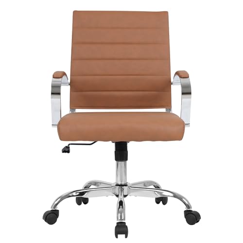 LANDSUN Home Office Chair Mid Back Desk Chair PU Leather Ribbed Executive Swivel Computer Chair with Wheels and Armrests Soft Padded Adjustable Height Conference Task Brown LANDSUN