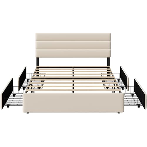 WLIVE Queen Size Upholstered Bed Frame with 4 Storage Drawers and Headboard, Velvet Platform Bedframe, Sturdy Metal & Wooden Slats Support, No Box Spring Needed, Easy Assembly, Beige WLIVE