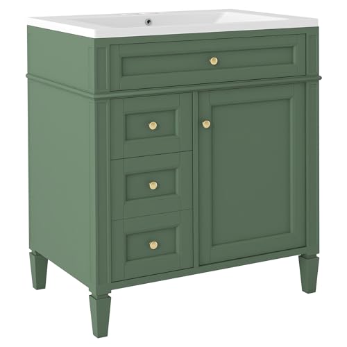 Linique 30" Bathroom Vanity with Sink Combo Set, Solid Wood Frame Modern Bathroom Storage Cabinet with 2 Drawers and a Tip-Out Drawer, Soft Closing Cabinet Door with Organizer, Green Linique