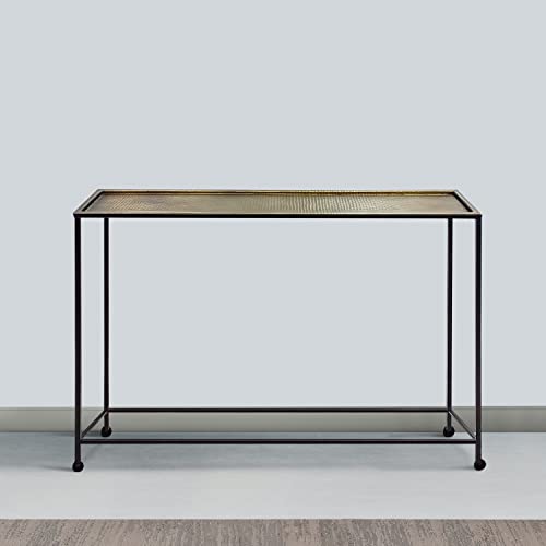 The Urban Port Aurelia 48-Inch Console Sofa Table, Artisanal Hammered Antique Bronze Tray Top, Industrial Black Iron Frame The Urban Port