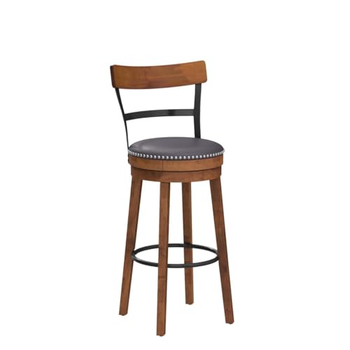 COSTWAY Bar Stools Set of 2, 360-Degree Swivel Stools with Leather Padded Seat, Single Slat Ladder Back & Solid Rubber Wood Legs, Bar Height Stools for Pub, Restaurant, Kitchen, Brown (2, 30.5) COSTWAY