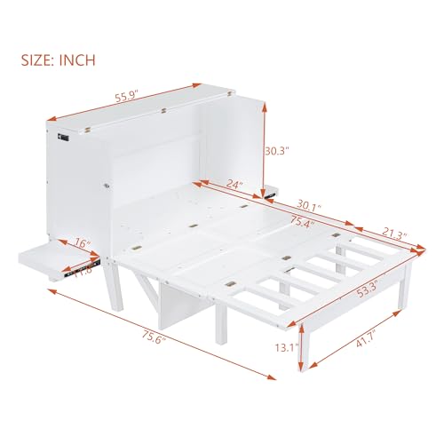 Jintop Murphy Bed Full Szie,Cabinet Hideaway Bed with USB Port and Removable Shelves,Wall Bed W/ 2 Movable Desks,can be Folded,Platform Bedframe for Kids Bedroom,Student Dorms,White Jintop