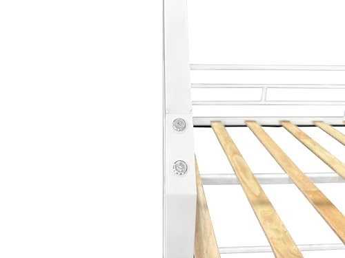 PVWIIK Twin Over Twin Metal Bunk Bed with Slide and Roof Design for Girls & Boys,House Shaped Bunk Bed Frame w/Ladder and Full-Length Guardrail,Floor Bunk Bed,No Box Spring Required,White PVWIIK