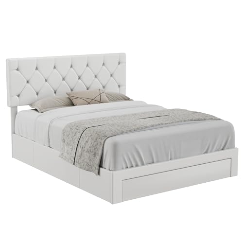 VECELO Queen Size Bed Frame with 3 Storage Drawers, Leather Upholstered with Diamond Tufted Headboard, Solid Wood Slat Support & Steel Framework, PU & White VECELO