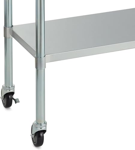 ROCKPOINT Stainless Steel Table for Prep & Work with Caster Wheels 60x24 Inches, NSF Metal Commercial Kitchen Table with Adjustable Under Shelf and ROCKPOINT