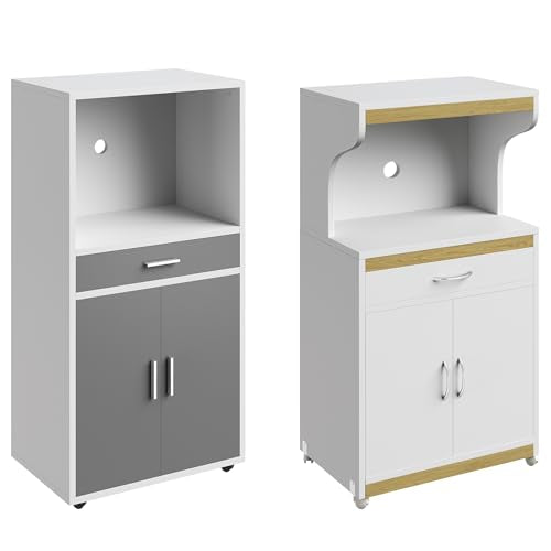 Lavish Home Microwave Stand with Storage – Rolling White Cabinet with Doors, Drawer, and Locking Wheels – Freestanding Wood Cart (White and Oak) Lavish Home