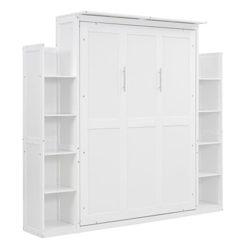 Queen Murphy Bed with Storage Shelves and LED Lights, Wood White Murphy Wall Bed Cabinet with Bookcase Bookshelf for Adults MERITLINE