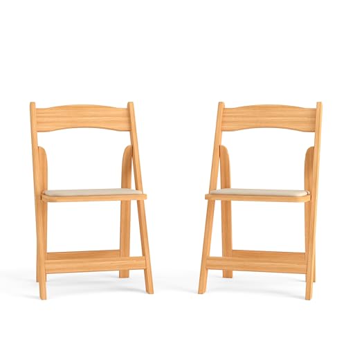 EMMA + OLIVER 2 Pack Natural Wood Folding Chair with Vinyl Padded Seat EMMA + OLIVER