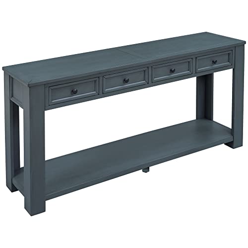 Knocbel Console Table with 4 Storage Drawers Bottom Shelf, Rustic Distressed Sofa Table for Entryway Hallway, Assembly Required, 63" W x 14" D x 30" H, Navy Knocbel