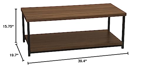 Household Essentials Jamestown Rectangular Coffee Table with Storage Shelf Mid Century Walnut Wood Grain and Black Metal Household Essentials