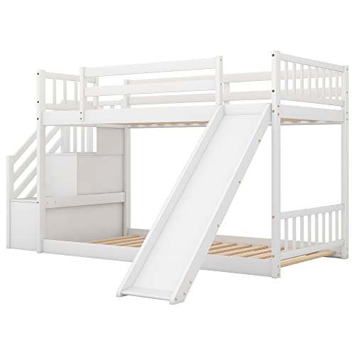 Twin Over Twin Low Bunk Bed with Slide and for Storage Staircase for Teens, Boys or Girls, No Box Sping Needed Merax
