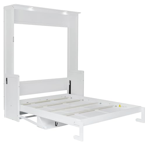Queen Size Murphy Wall Bed with Desk, Wood Foldable Bed Cabinet with LED Lights and USB Charging Station for Small Places (White) BEDGJH