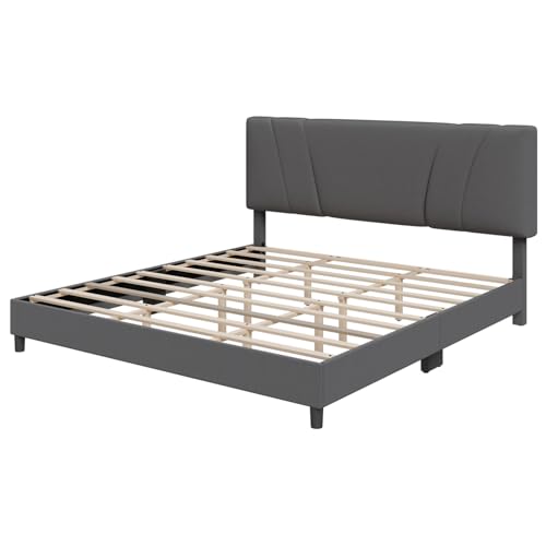 Novilla King Bed Frame and Headboard, Linen Upholstered King Size Bed Frame with Wood Slats Support, No Box Spring Needed, Heavy Duty Feet, Easy Assembly, Grey Novilla