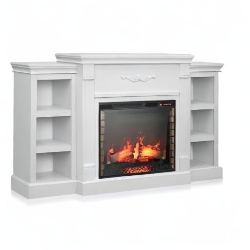 BELLEZE Modern 70" Electric Fireplace Heater Mantel TV Stand & Media Entertainment Center for TVs up to 68" with Energy-Efficient Heater With Sound and Side Book Shelves - Lenore (White) BELLEZE