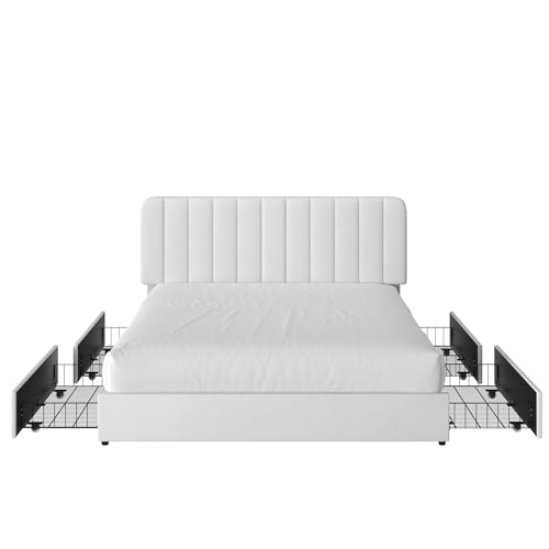 VECELO Full Size Upholstered Bed Frame with 4 Drawers and Headboard, Velvet Platform Storage Bedframe, Wooden Slats Support, No Box Spring Needed,White VECELO