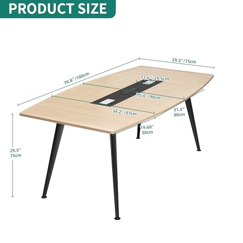 DWVO 6FT Conference Table, 70.8" Boat Shaped Meeting Table with Power Outlets & Rectangle Grommet, Modern Seminar Table for Office Conference Room, Boardroom Desk DWVO