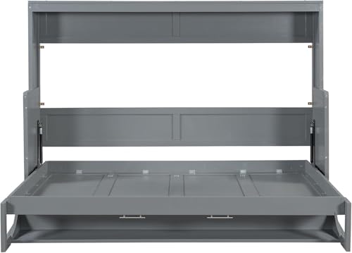 Full Horizontal Murphy Bed with Desk,Solid Wood Folding Hideaway Murphy Wall Bed for Adult,Guest Room (Grey) MERITLINE