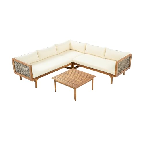 Christopher Knight Home Tenntt 5-Seater Acacia Wood Patio Furniture Set, Outdoor Conversation Sofa Chat Set with Coffee Table, Wicker Arm, Sectional Seating Group for Backyard Balcony, Teak+Beige Christopher Knight Home