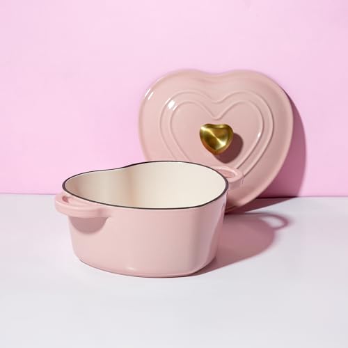 Paris Hilton Enameled Cast Iron Dutch Oven Heart-Shaped Pot with Lid, Dual Handles, Works on All Stovetops, Oven Safe to 500°F, 2-Quart, Pink Paris Hilton