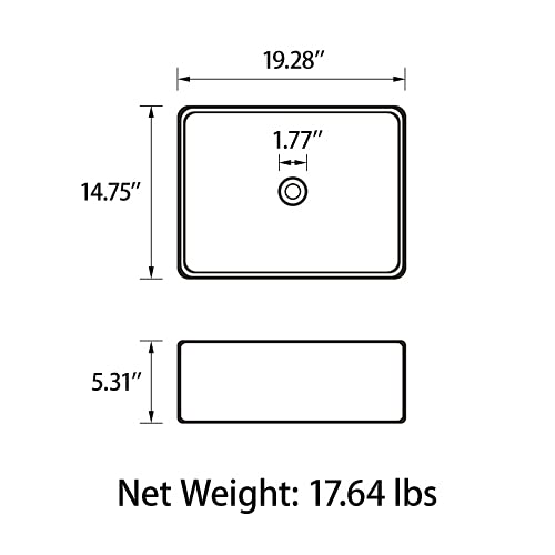 Sinber 19" x 15" x 5.31" White Rectangular Ceramic Countertop Bathroom Vanity Vessel Sink BVS1915A-OL Sinber
