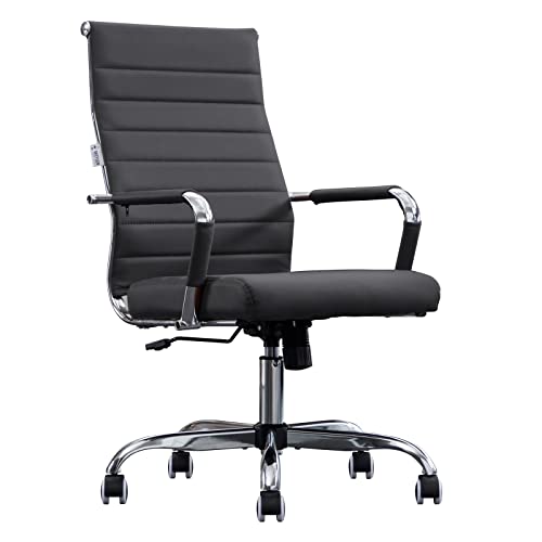 BOWTHY Home Office Chair Ribbed, Modern Leather Conference Room Chairs, Ergonomic Office Desk Chair, High Back Executive Computer Chair, Adjustable Swivel Chair with Arms (Black) BOWTHY