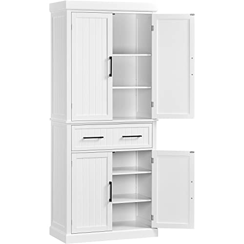 Topeakmart 72.5" Kitchen Pantry with Large Drawer, Wooden Pantry Cabinet Cupboard with Doors and Adjustable Shelves, Storage Cabinet Organizer for Kitchen, Dining Room, Living Room, White Topeakmart