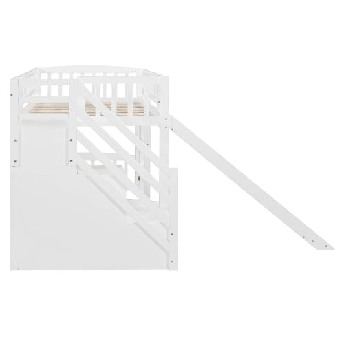 Harper & Bright Designs Kids Loft Bed with Slide and Storage Stairs, Twin Size Wooden Loft Bed with Built-in Ladder, White Harper & Bright Designs