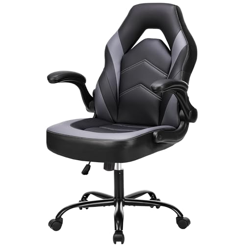 NEWBULIG Computer Gaming Desk Chair - Big Tall Ergonomic Lumbar Support with Flip-up Armrest and 360° Swivel Wheels, PU Leather Height Adjustable, for Home and Office, Grey NEWBULIG