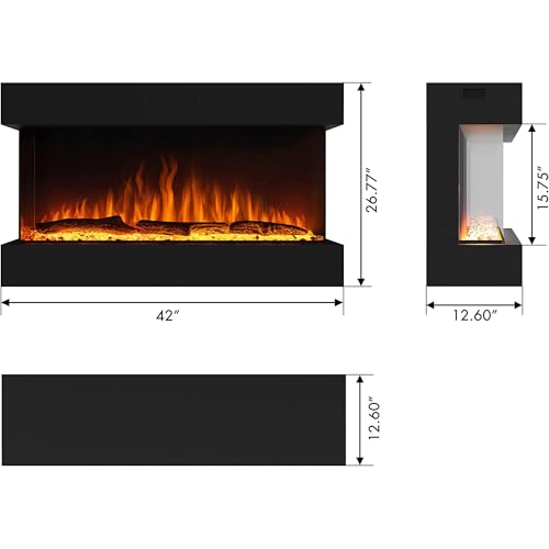 Valuxhome 3-Sided Electric Fireplace, 42 Inch Recessed and Wall Mounted Fireplaces, Built-in Fireplace Decorations for Living Room with Overheating Protection, Remote, Log & Crystals, Black Valuxhome