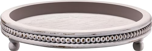 Handmade Wooden Serving Tray, Small Beaded Coffee Table Tray Decor, Grey Round Decorative Tray for Coffee Table, Dining Room Table Entryway and KULEDM